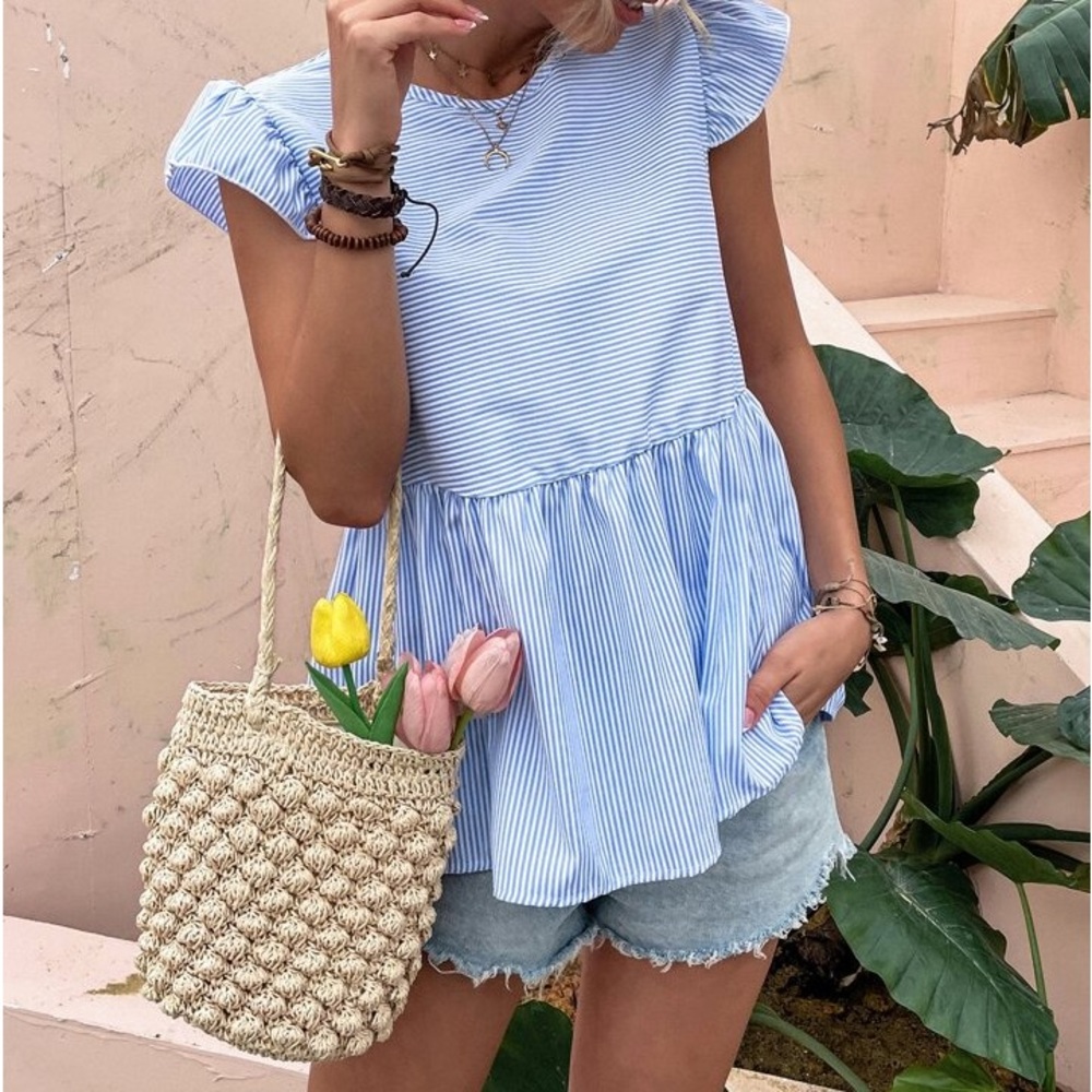 Striped Ruffle Trim Peplum Blouse